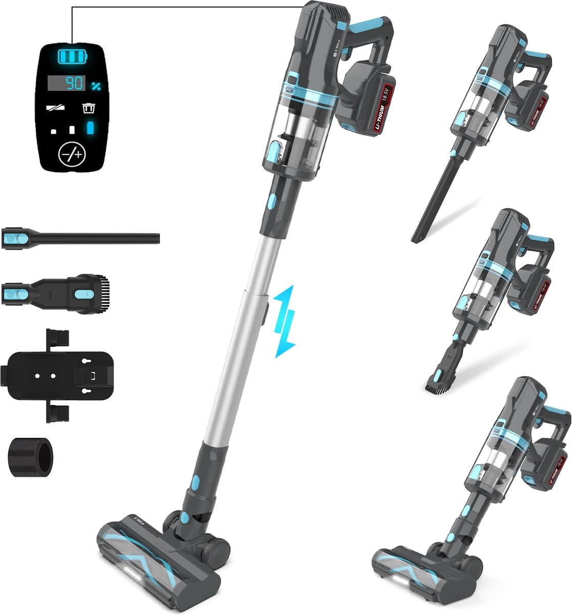 Draadloze Steelstofzuiger, Snoerloze Stofzuiger, Handstofzuiger 2-in-1, 300 W, 30 kPa, 4000 mAh, LED-verlichting, Blauw-Grijs, HEPA-filter, Steelstofzuiger met Accu, voor Vloeren, Tapijt, Meubels en Auto — afbeelding 1