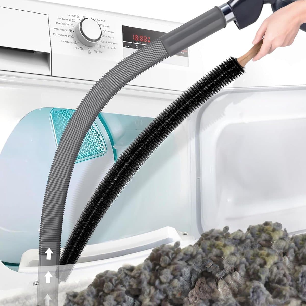 2-delige stofzuigerset Geschikt voor drogerventilatie, compatibel met alle stofzuigers, pluizenborstel voor droger en stofzuigerslang met elastische universele connector, snelle pluizenverwijderaar, grijs — afbeelding 1