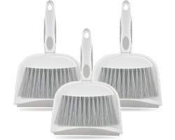 Bezem Stofpan Set - Mini Veegset - Bureau Schoonmaken - Ergonomische Handgreep - 3 Stuks - Grijs