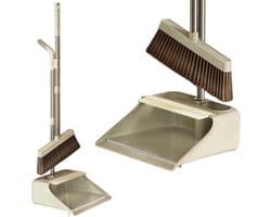 Bezem met stoffer - Reinigingsset - Huishoudelijk schoonmaken - Met ingebouwde kamtanden - Staande opslag - Grijs
