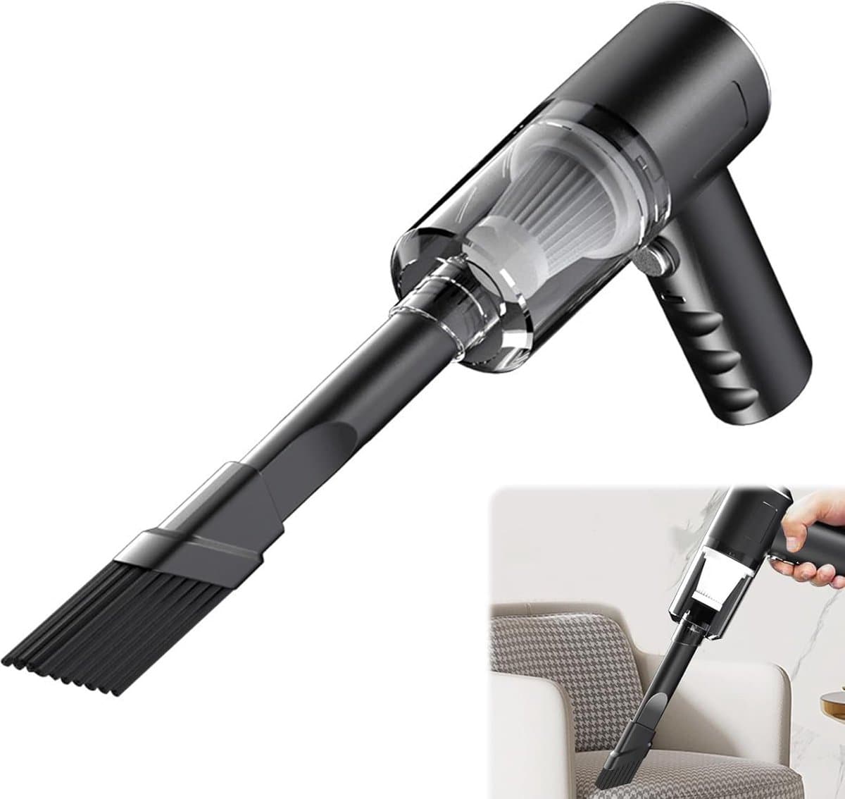 Handstofzuiger voor in de auto, draadloos ontwerp, krachtige zuigkracht van 3000 Pa, 4-in-1 draagbare stofzuiger/föhn, met wasbaar filter, oplaadbaar - Zwart — afbeelding 1