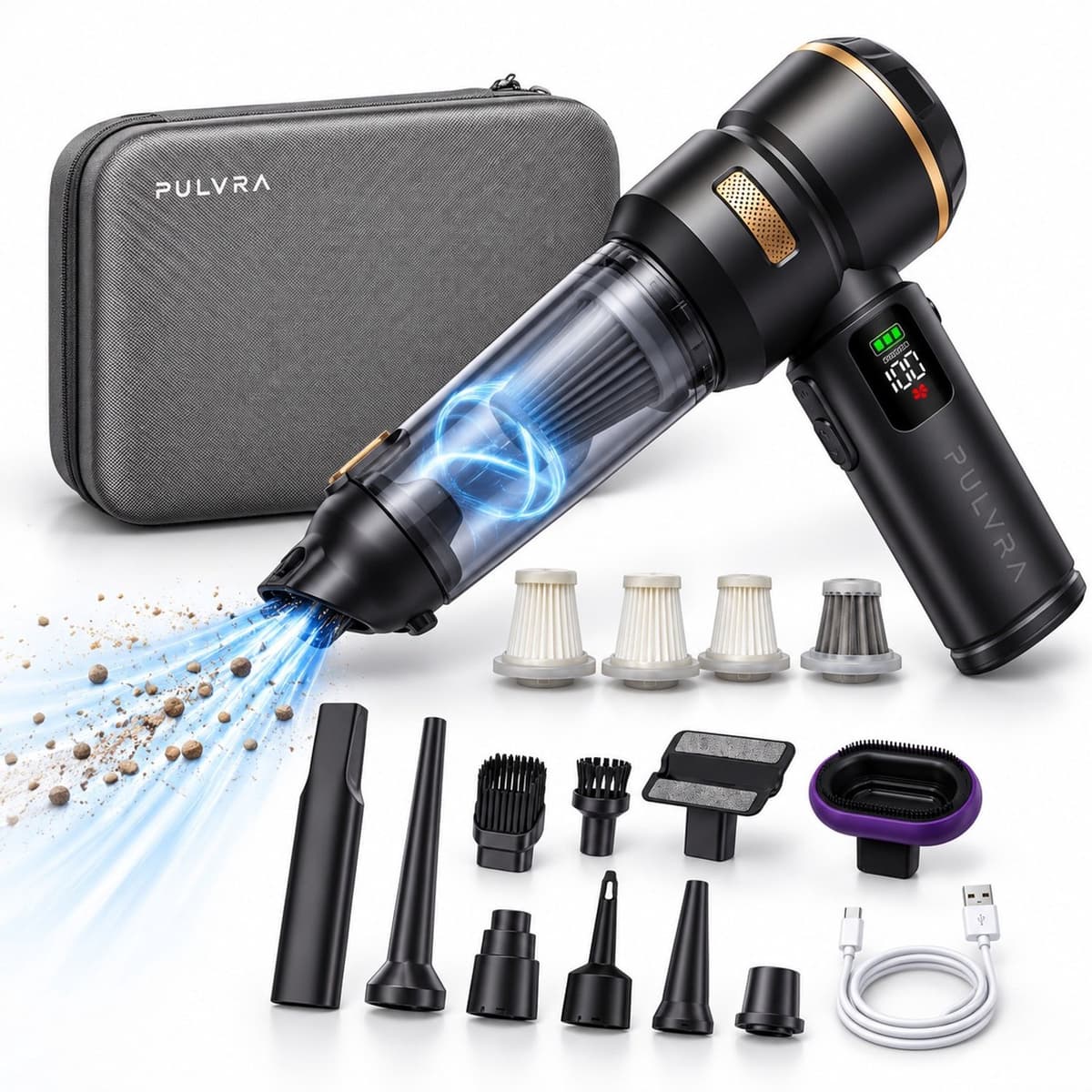 PULVRA Kruimeldief PRO – 4-in-1 Handstofzuiger - Auto stofzuiger – 16.000 Pa – 3 Zuigstanden – Snoerloos – Auto Stofzuiger – Zuigen & Blazen – Air Duster – Opblaasfunctie — afbeelding 1