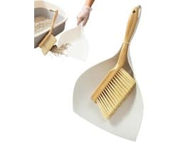 Mini bezem veegschep - Kleine schoonmaakset - Kleine ruimtes reinigen - Houten handvat - Compact formaat - Wit