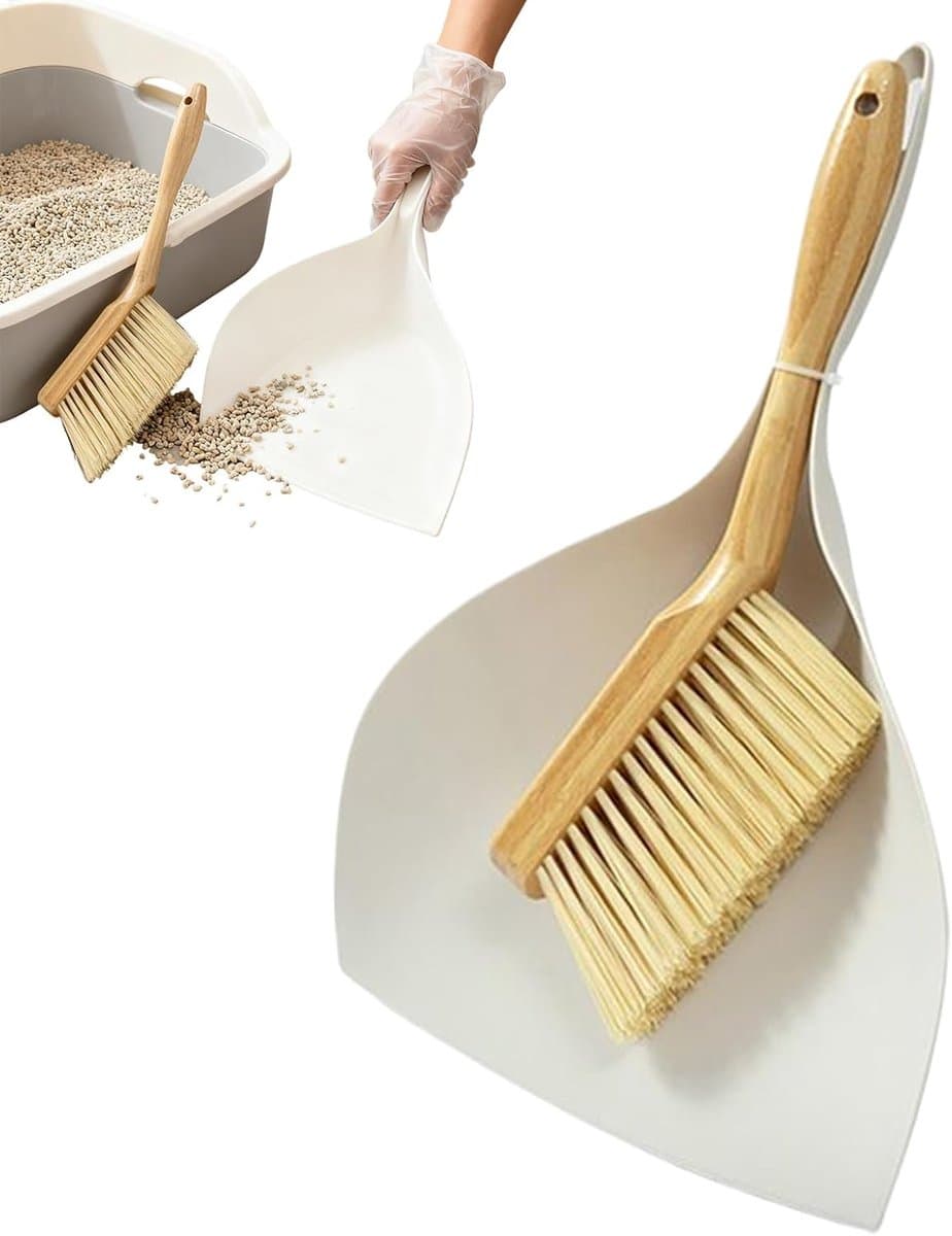 Mini bezem veegschep - Kleine schoonmaakset - Kleine ruimtes reinigen - Houten handvat - Compact formaat - Wit — afbeelding 1