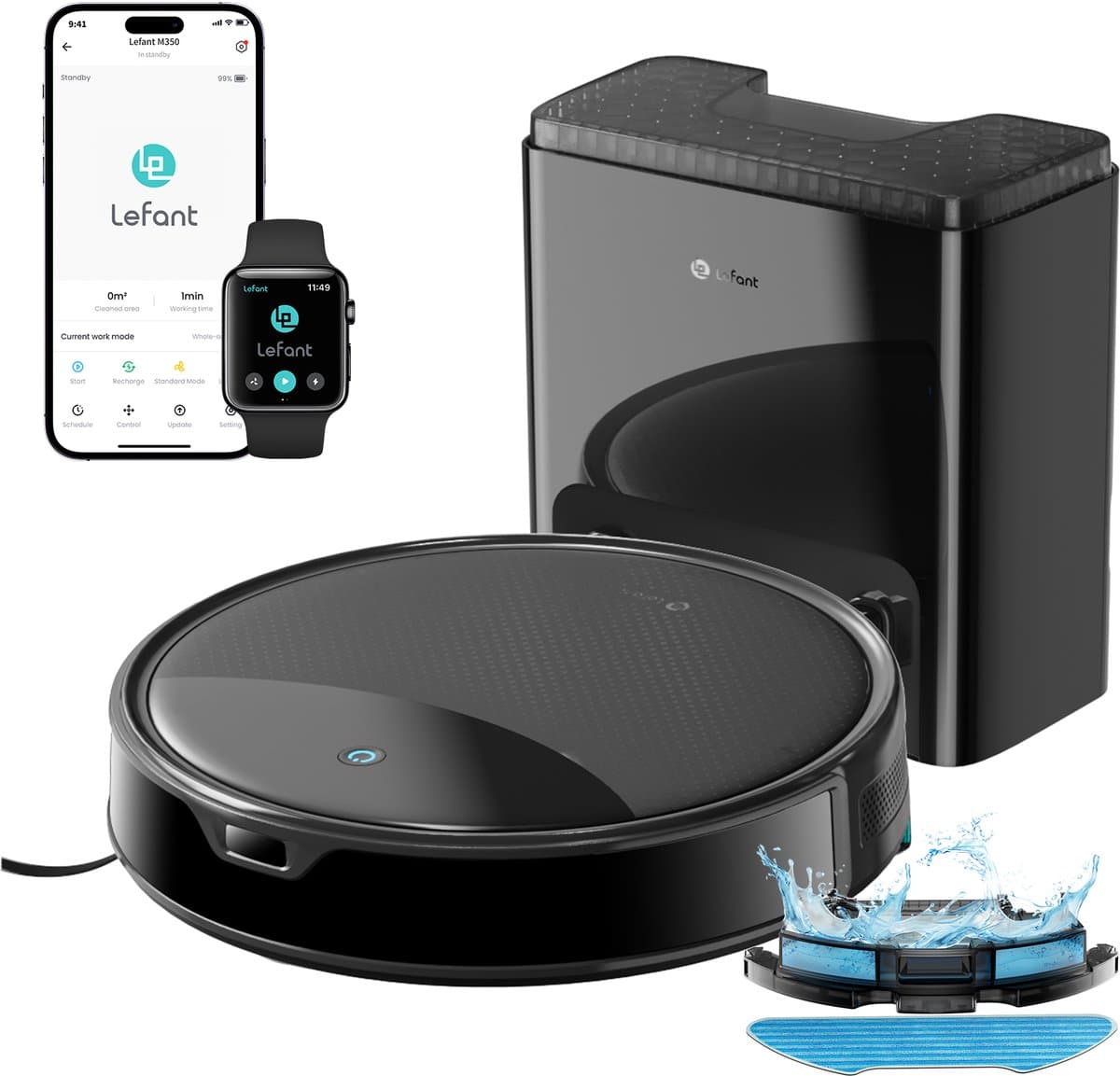 Lefant M350 Robotstofzuiger met dweilfunctie - Automatische lediging - Stofzuiger - 6000 Pa zuigkracht - Met oplaadstation - Bedienbaar via smartphone - ToF-navigatie - Met leegstation - Ideaal voor huisdieren - Zwart — afbeelding 1