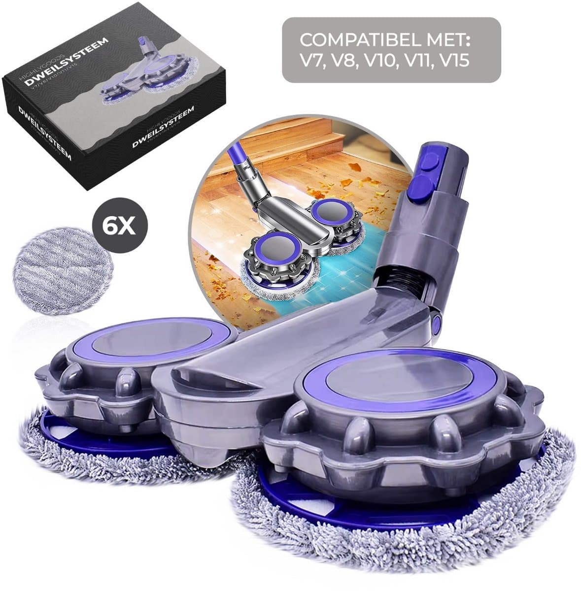 Highlygoods® Elektrische Dweil Opzetstuk - Voor Dyson Steelstofzuiger - Mop - Vloerwisser - Stofzuiger Dweil - Nat en Droog - Stofzuiger Accessoire met Wasbare Microvezel Pads – voor V7 V8 V10 V11 V15 — afbeelding 1