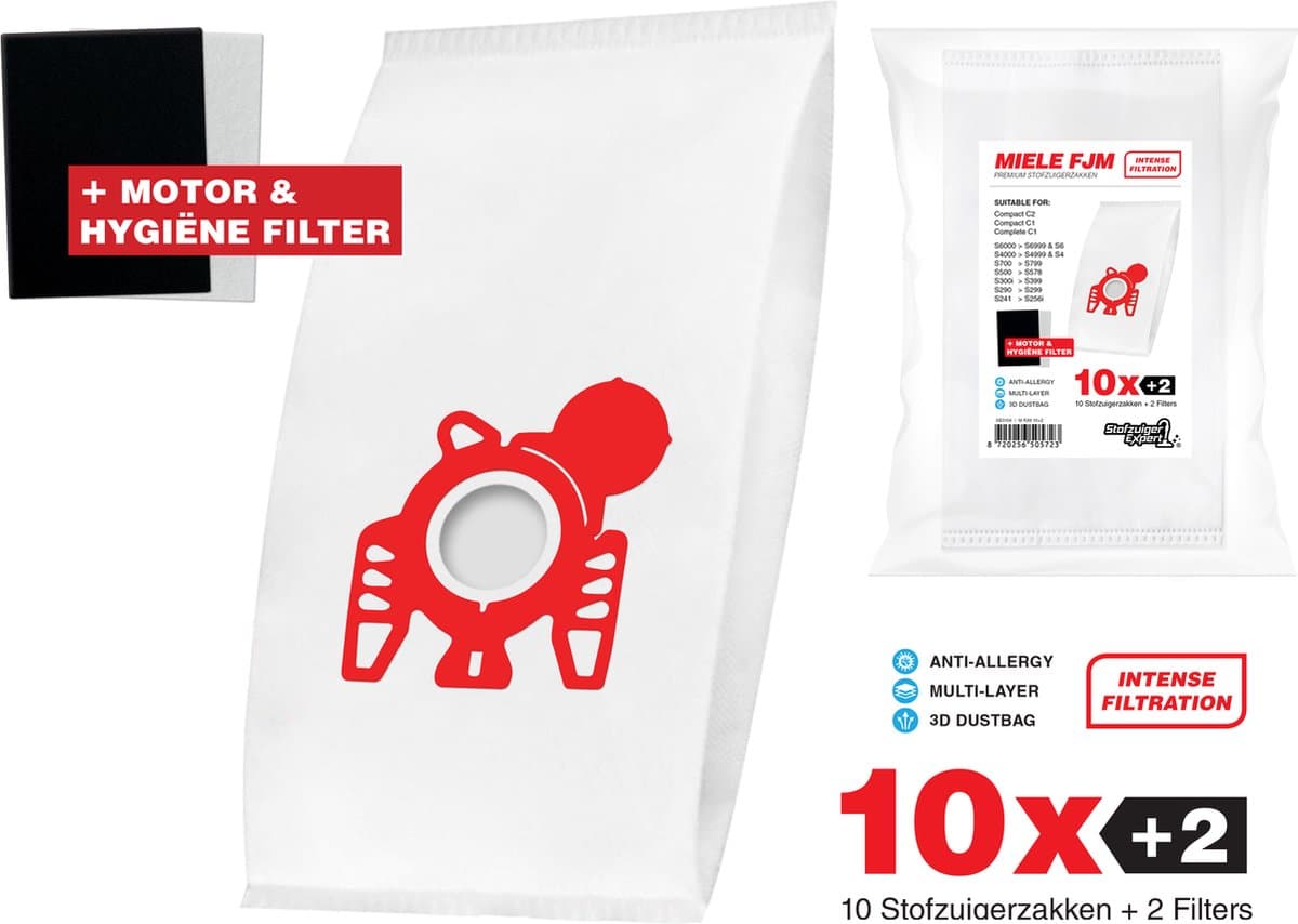 10x FJM 3D Stofzuigerzakken Geschikt voor Miele + Filter set - Hygiëne en Motor filter meegeleverd! Premium kwaliteit - Multi lagen - Anti Allergie -Geschikt voor o.a. Miele C2, C1, S6, S4, S6000, S4000, S700, S500, S300, S200 — afbeelding 1