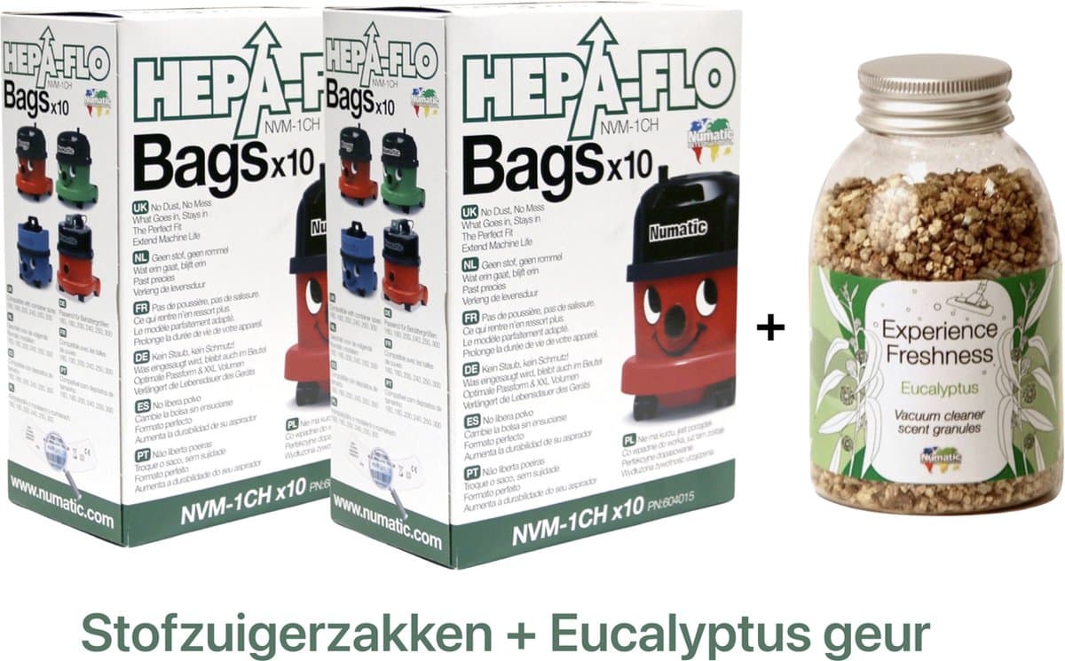 Numatic - 2x Stofzuigerzakken + 1x Geurkorrels (eucalyptus geur) - Hepa flo bags - Voor Henry/Hetty - NVM 1CH X10 - COMBIDEAL — afbeelding 1