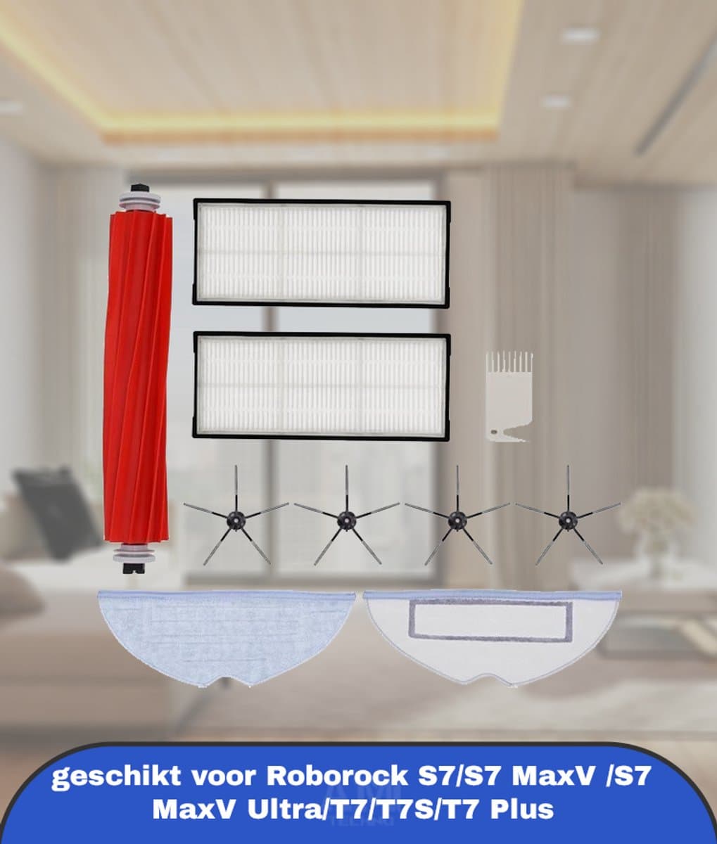 Reserveonderdelen geschikt voor Roborock S7/S7 MaxV /S7 MaxV Ultra/T7/T7S/T7 Plus, 1 Hoofdborstel, 4 Zijborstels, 2 HEPA-Filters, 2 Mopdoeken, 1 Borstel, in Totaal 10 Stuks S7 MaxV Ultra Accessoires — afbeelding 1