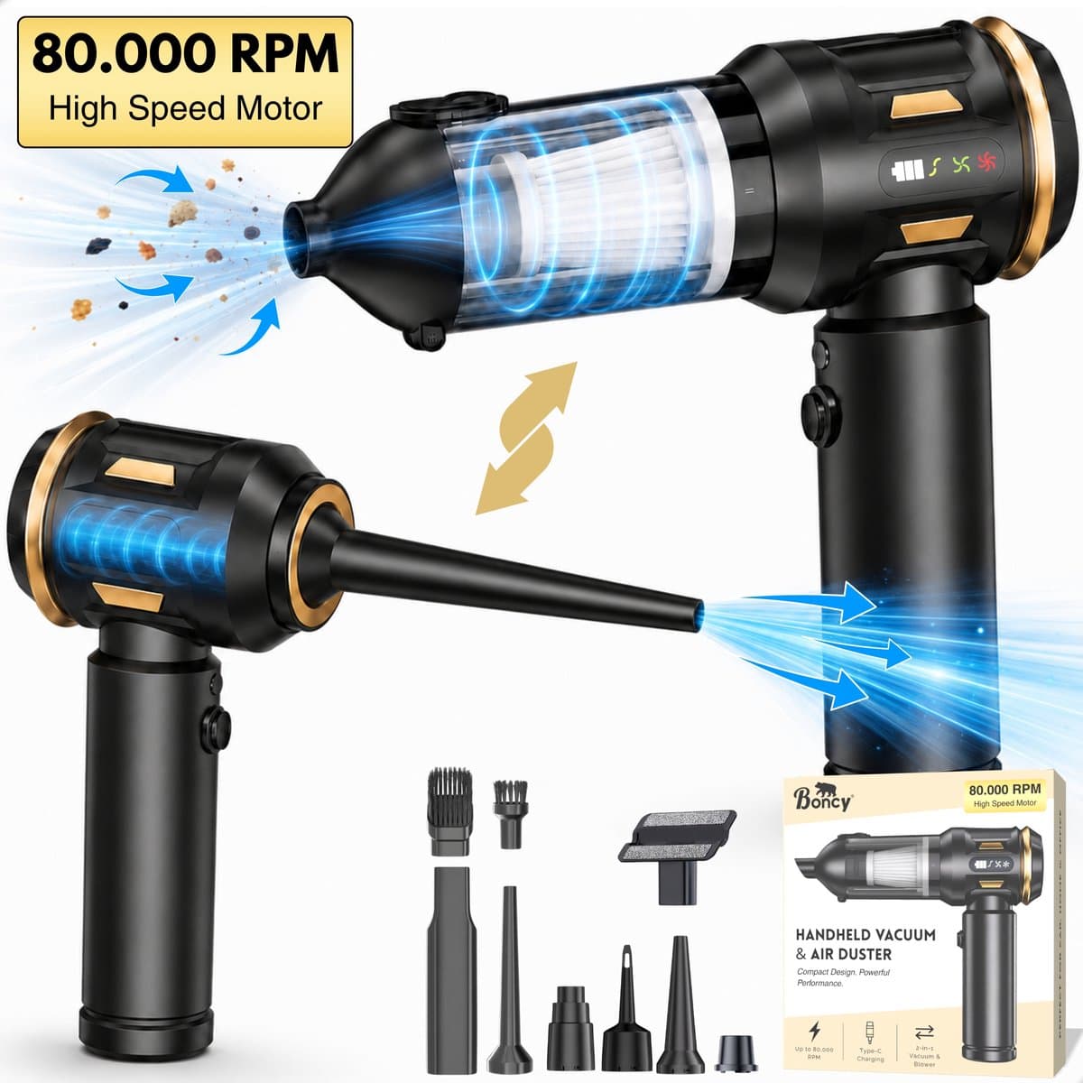 Boncy® 2-in-1 Auto Stofzuiger - 80.000 RPM - Compressed Air Duster Draadloos - Zuigen & Blazen - Mini Kruimeldief Snoerloos - 8 Opzetstukken - Kleine Kruimelzuiger - Perslucht Stofreiniger Luchtblazer - Autostofzuiger Oplaadbaar - Car Vacuum Cleaner — afbeelding 1