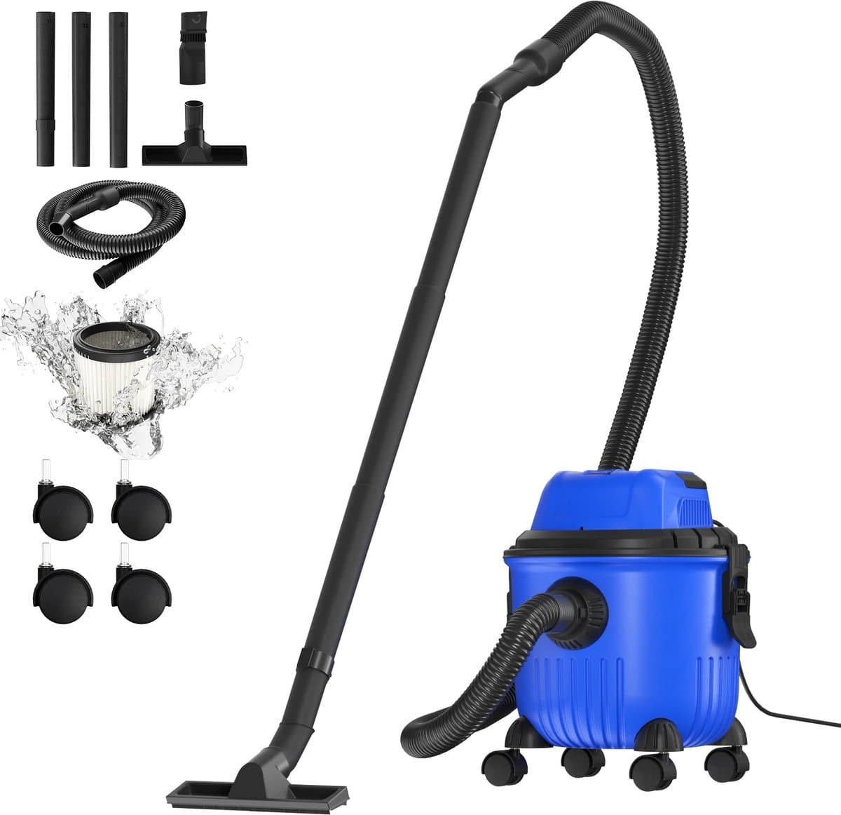 Stofzuiger - Nat en droog - Industriële stofzuiger - extra lange slang 1.5M - Zwenkwieltjes - Blauw - 15 Liter — afbeelding 1