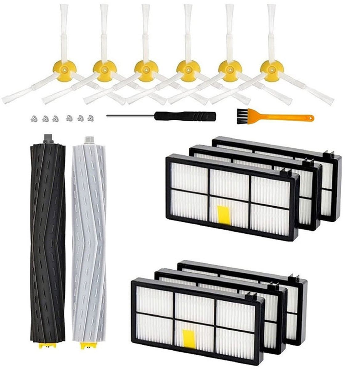 Accessoires geschikt voor iRobot Roomba 800 900 980 960 971 895 860 824 880: 2x HEPA-filter, 6x zijborstels, 4x rolborstel, 1x vervangend geschikt voorwiel. — afbeelding 1