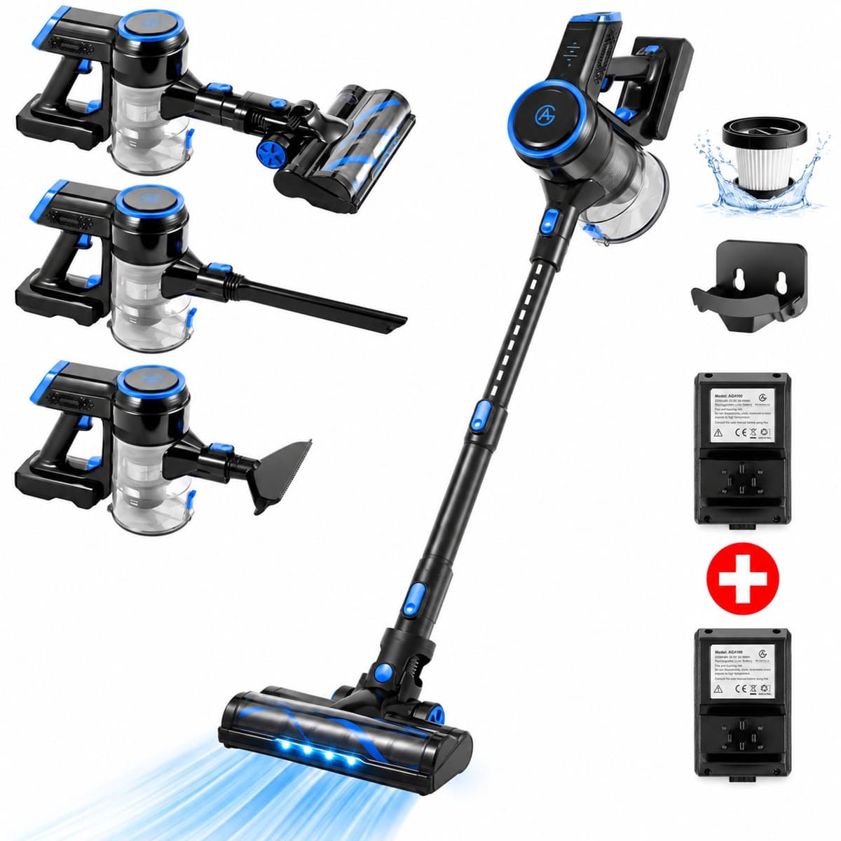 AG4100 Blue Steelstofzuiger Draadloos – Stofzuiger Zonder Zak – Draadloze Stofzuiger – Extra Batterij – Tot 90 Min Stofzuigen – Kruimeldief – Dierenharen – LED Zuigmond — afbeelding 1