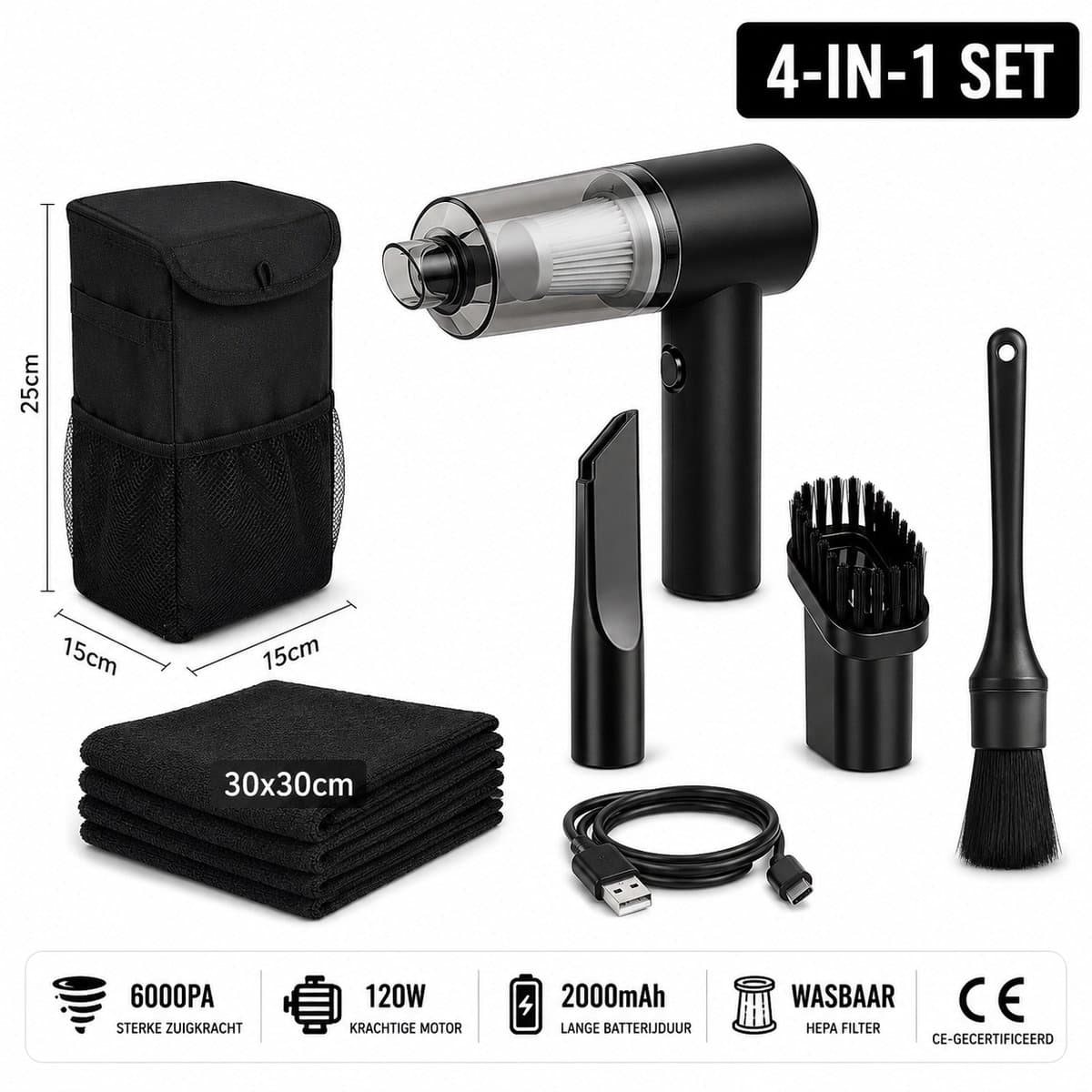 Draadloze Auto Stofzuiger - Handstofzuiger Oplaadbaar - 4-in-1 Reinigingsset - Krachtige Mini Stofzuiger voor Auto, Huis, Bureau & Toetsenbord — afbeelding 1