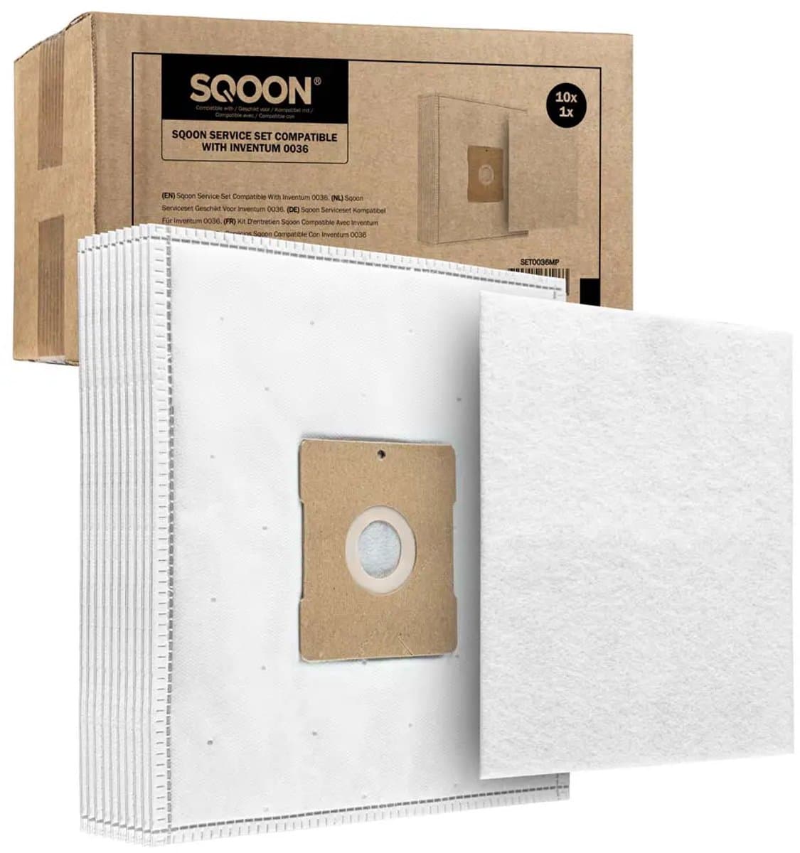 SQOON® stofzuigerzakken + motorfilter set geschikt voor Inventum SZ300 - Gelijk aan: SZ300 / 21200900119 / 21200900120 / 21200900010 - vervangingsset voor optimale filtratie en zuigkracht — afbeelding 1