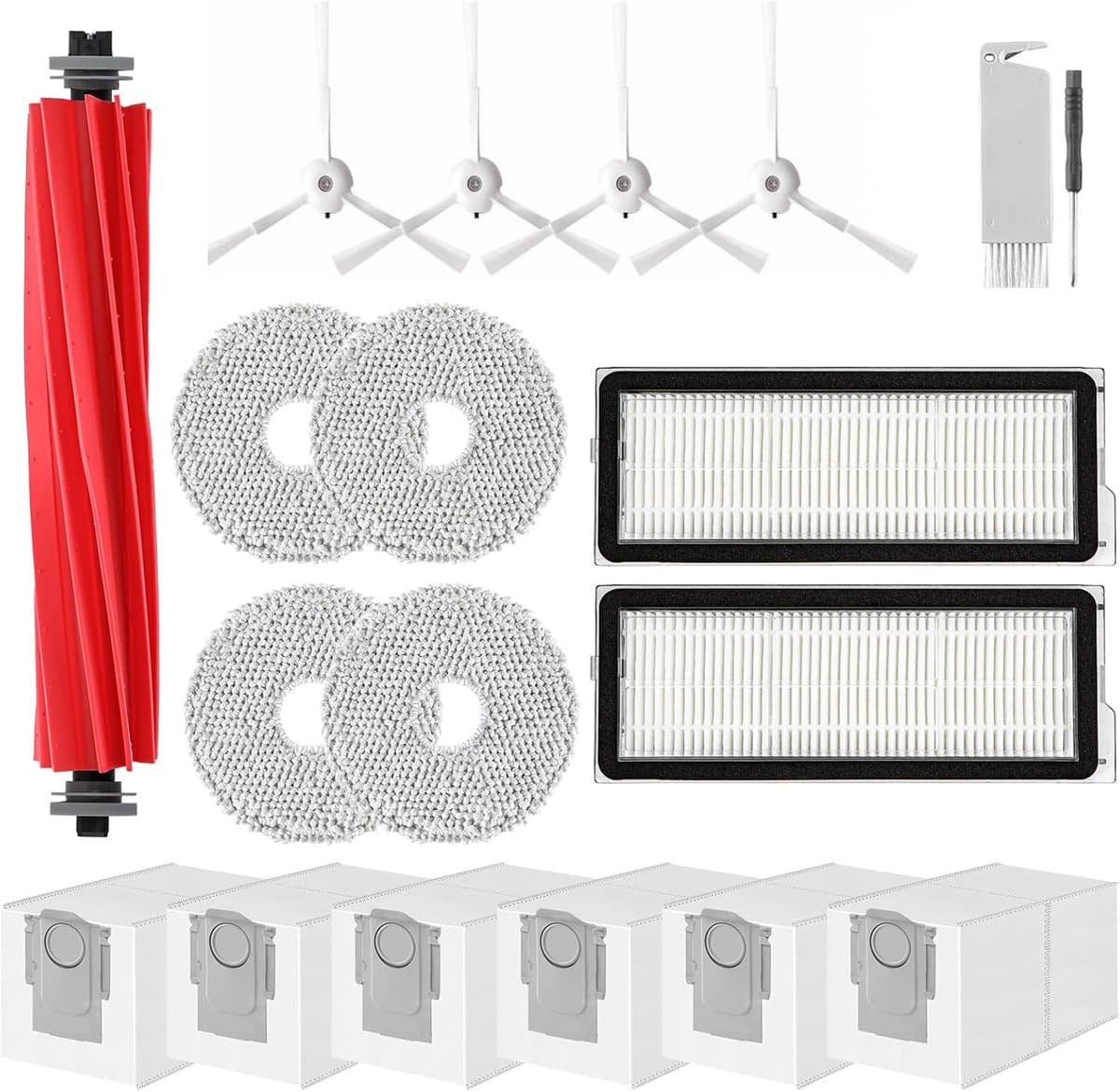 Accessoires gescht voor Roborock Qrevo Pro, Qrevo S stofzuiger, 1 hoofdborstel, 2 HEPA-filters, 6 stofzakken, 4 reinigingsdoeken, 4 zijborstels (wit), 1 borstel, 1 schroevendraaier — afbeelding 1