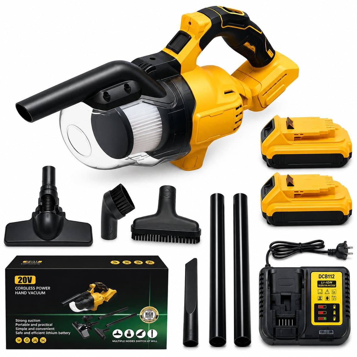 DPLUNIQ Stofzuiger - Handstofzuiger - Steelstofzuiger - Vloerreiniger - Gereedschap - Accessoires - 2x DeWalt 20V - Geel/Zwart — afbeelding 1