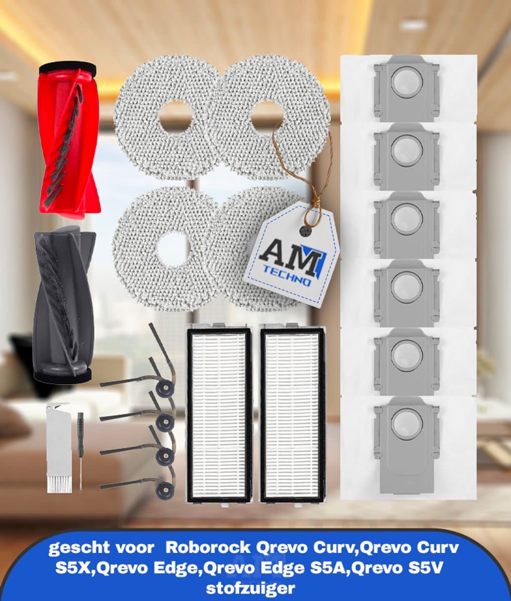Accessoires gescht voor Roborock Qrevo Curv,Qrevo Curv S5X,Qrevo Edge,Qrevo Edge S5A,Qrevo S5V stofzuiger,2 hoofdborstels,2 HEPA-filters,6 stofzakken,4 reinigingsdoeken,4 zijborstels,1 borstel — afbeelding 1
