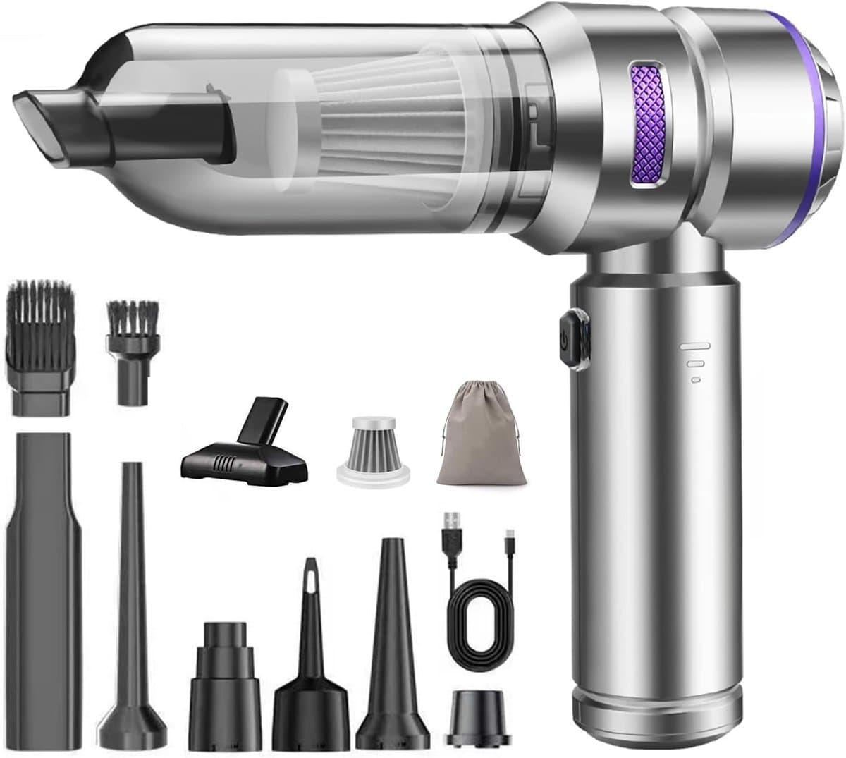 Mini Auto Stofzuiger - Zilver-paars - Handheld Snoerloze 4-in-1 Stofzuiger met Brushless Motor - Voor Auto en Kantoor — afbeelding 1