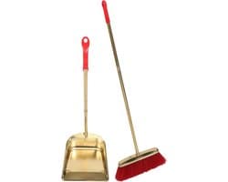 Bezem Stofblik Set - Huishoudelijke Reiniging - Vloeren Schoonmaken - Staande Stofpan - 94 cm Hoogte - Goudkleurig