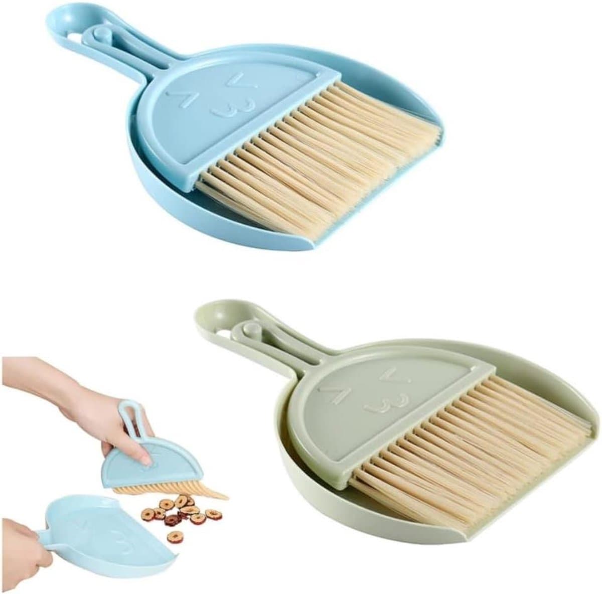 Mini Veegset - Kleine Bezem - Kleine Oppervlakken Schoonmaken - Hangend Opbergontwerp - 11x21 cm - Blauw en Groen — afbeelding 1