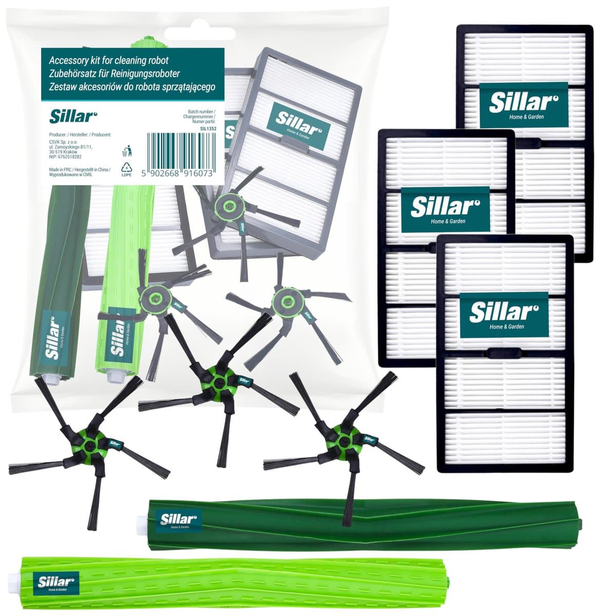Sillar Accessoireset voor schoonmaakrobot iRobot Roomba S9 en S9+ – 3 HEPA-filters, 1 hoofdborstel, 3 zijdelingse borstels met 5 armen (inclusief bevestigingsschroeven) – reserveonderdelen – set 8 stuks — afbeelding 1
