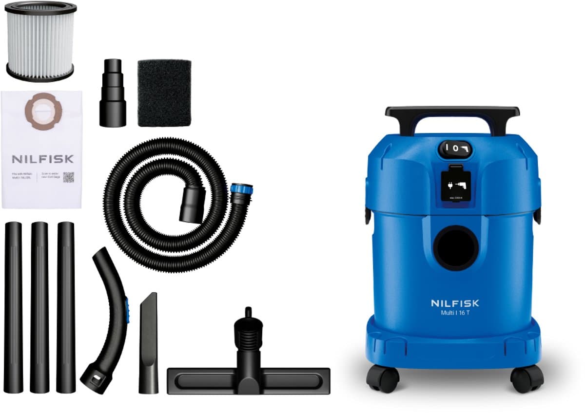 Nilfisk Multi I 16 T Nat- & Droogzuiger 1100W - 16L Bouwstofzuiger met Stopcontact voor Elektrisch Gereedschap - Waterzuiger met Blaasfunctie — afbeelding 1