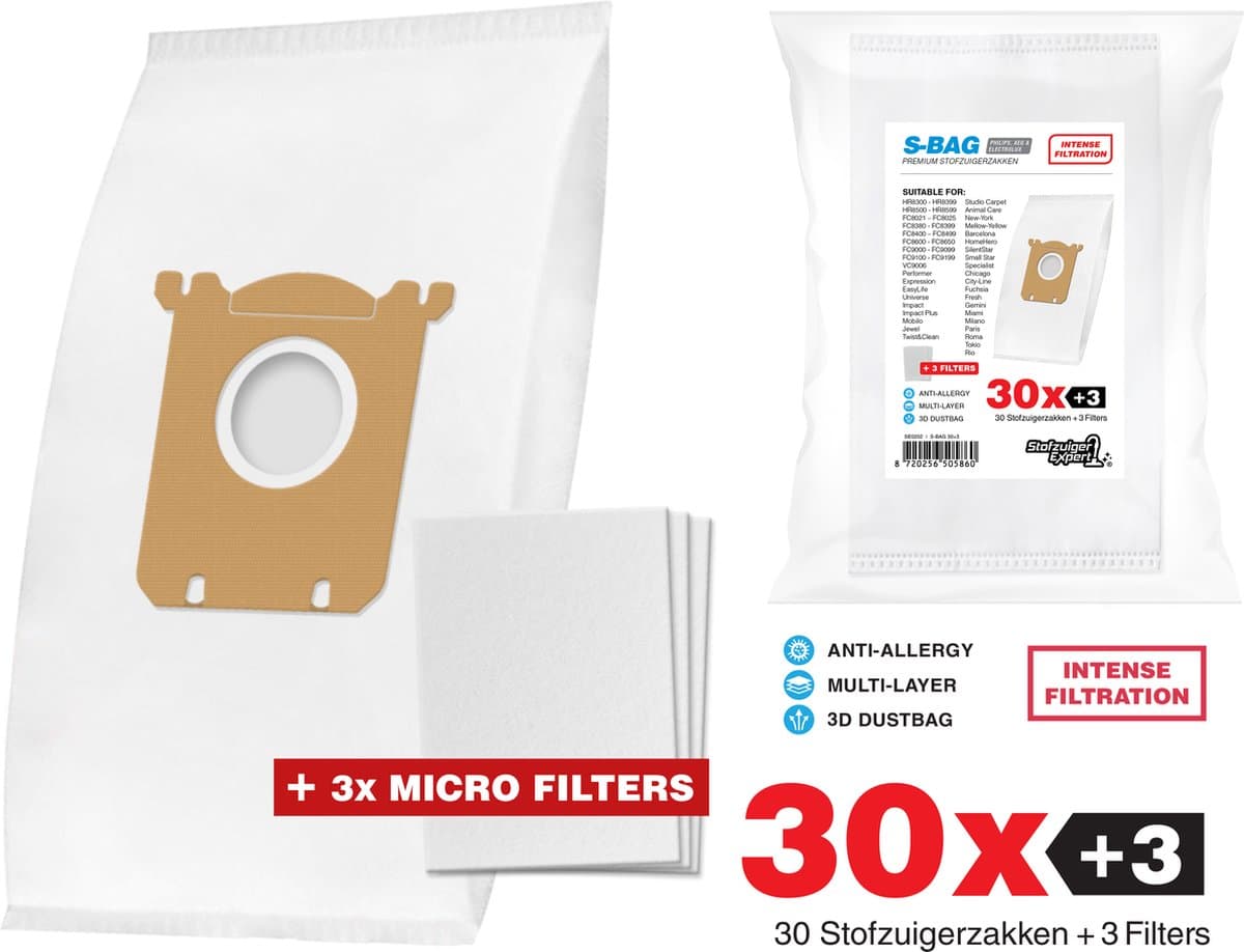 30x Philips, AEG, Electrolux Microvezel S-Bag 3D Stofzuigerzakken - 30 stofzakken + 3 Filters A-Kwaliteit Alternatief — afbeelding 1