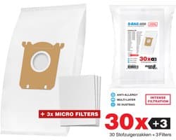 30x Philips, AEG, Electrolux Microvezel S-Bag 3D Stofzuigerzakken - 30 stofzakken + 3 Filters A-Kwaliteit Alternatief