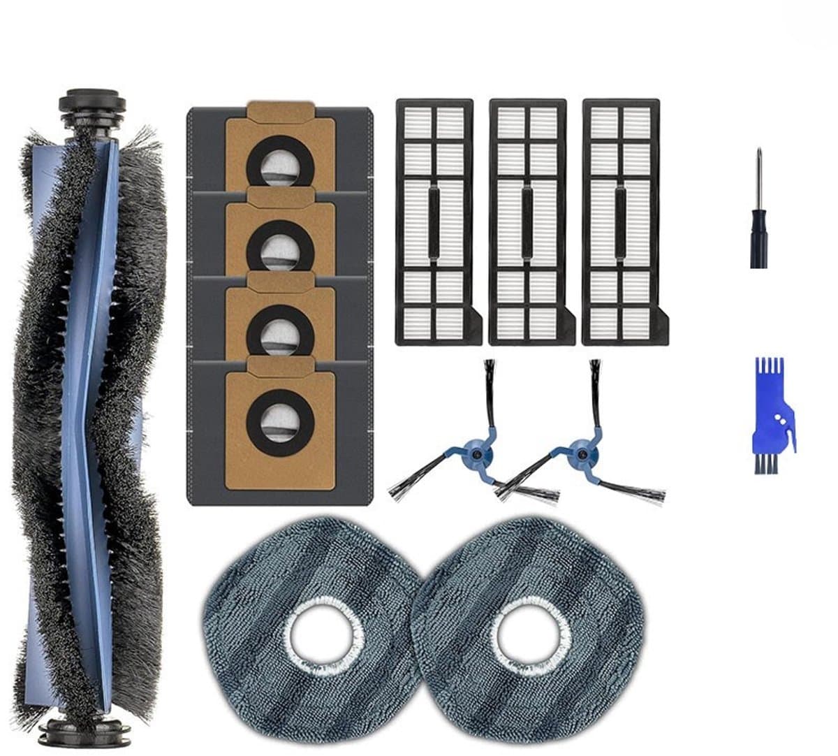 14 stuks - decoratieve accessoires - accessoireset - geschikt voor Eufy X10Pro/omni - 4 stofzakken, 2 schoonmaakdoeken, 2 zijborstels, 3 HEPA-filters, 1 hoofdborstel Borstel, 1 schroevendraaier,1 Klein blauw penseel — afbeelding 1
