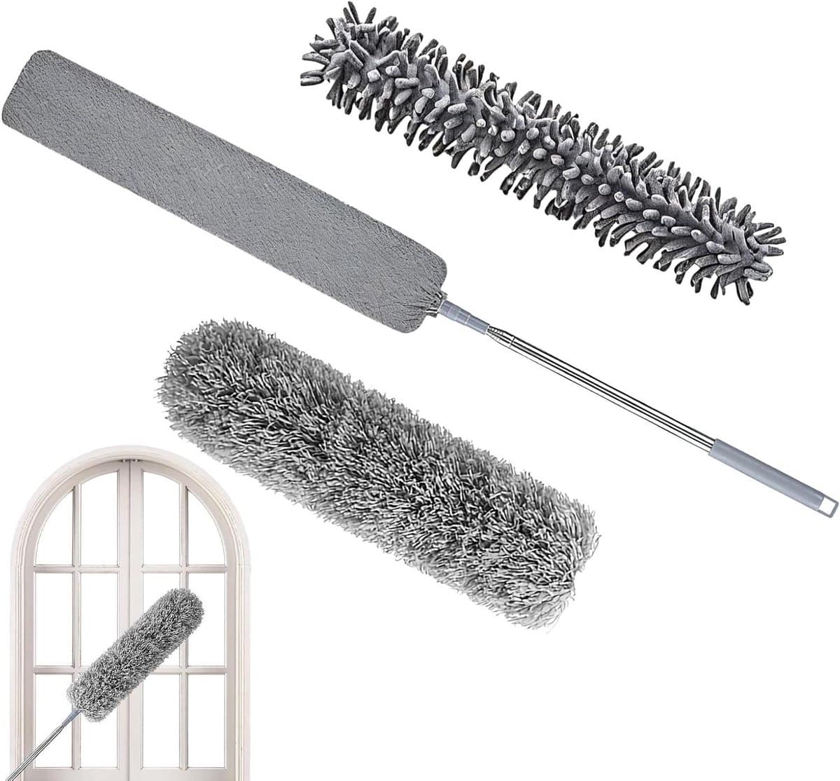 Platte Stoffer - Stofwisser Dweil - Onder apparaten schoonmaken - Afneembare microvezelkop - 46 cm - Grijs — afbeelding 1