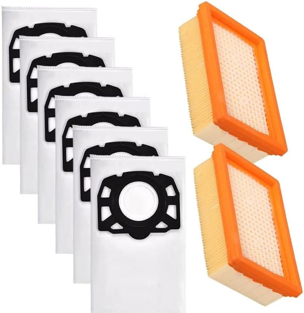 8 stuks - 6 zakken + 2 filters - Vervangende stofzakken en filterset compatibel met Karcher MV4 MV5 MV6 WD4 WD5 WD6 stofzuigers voor professioneel gebruik — afbeelding 1