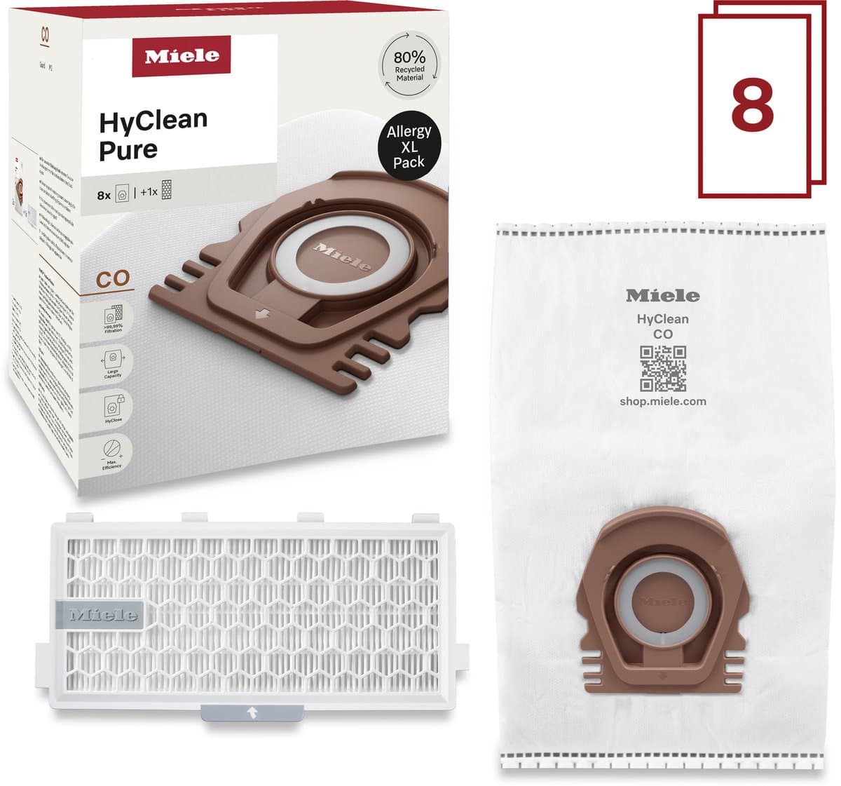 Miele CO Allergy Stofzuigerzakken HyClean Pure XL-Pack (8 stuks) + HEPA FILTER + geschikt voor de Miele Guard M1 — afbeelding 1