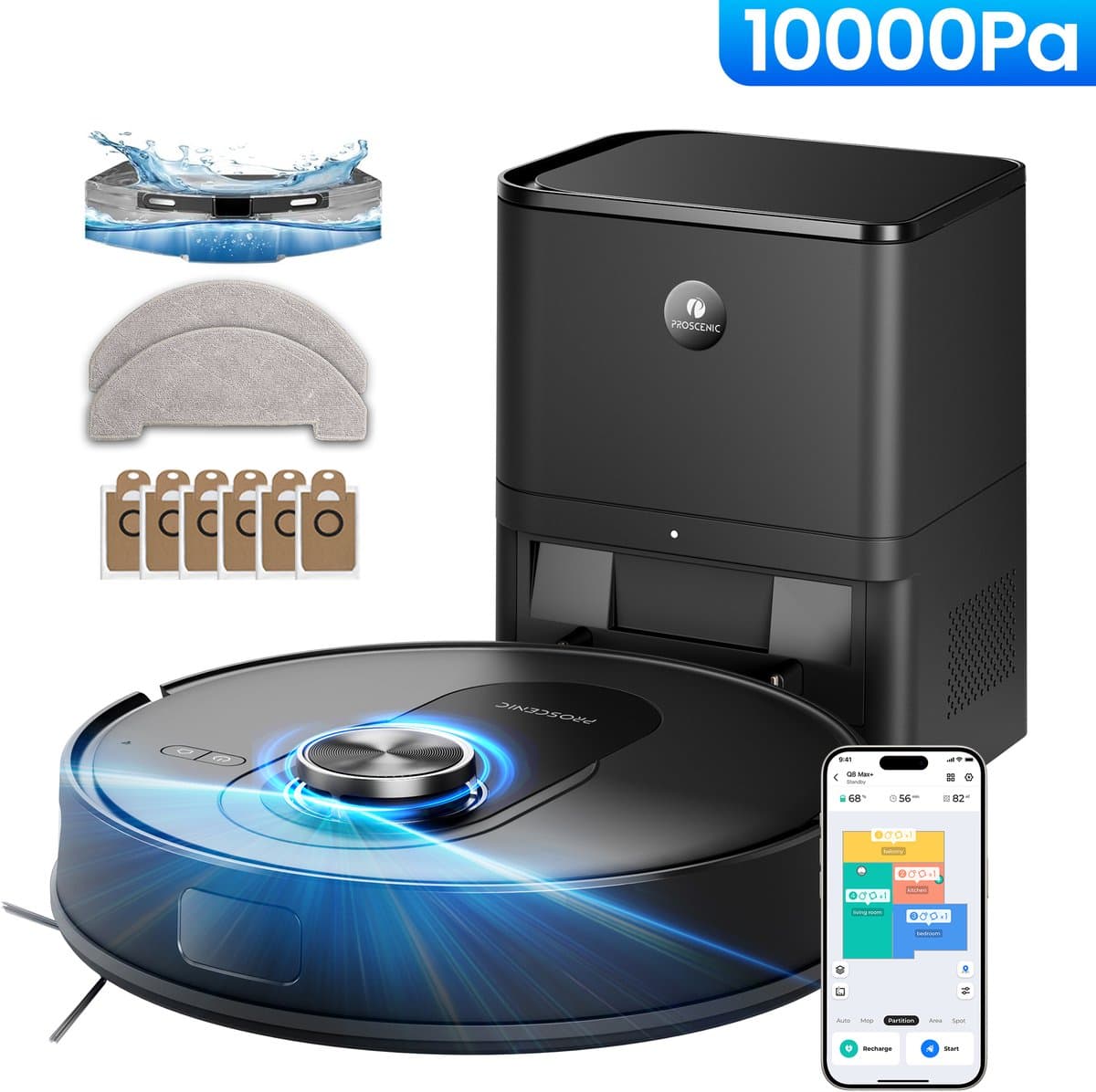 Proscenic Q8 Max plus - Robotstofzuiger met Dweilfunctie - 10,000 Pa - 230㎡ - Zuigkracht -met Reinigingsstation 4L — afbeelding 1