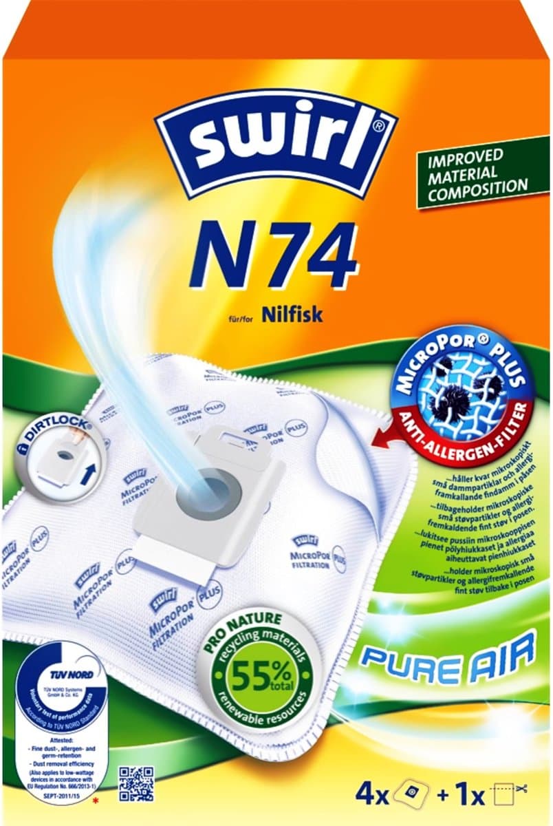 Swirl N74 stofzuigerzakken - 4 stuks + 1 filter - geschikt voor Nilfisk Select Power Elite Classic Comfort Energy Superior P10 P12 P20 P40 Animal Life — afbeelding 1