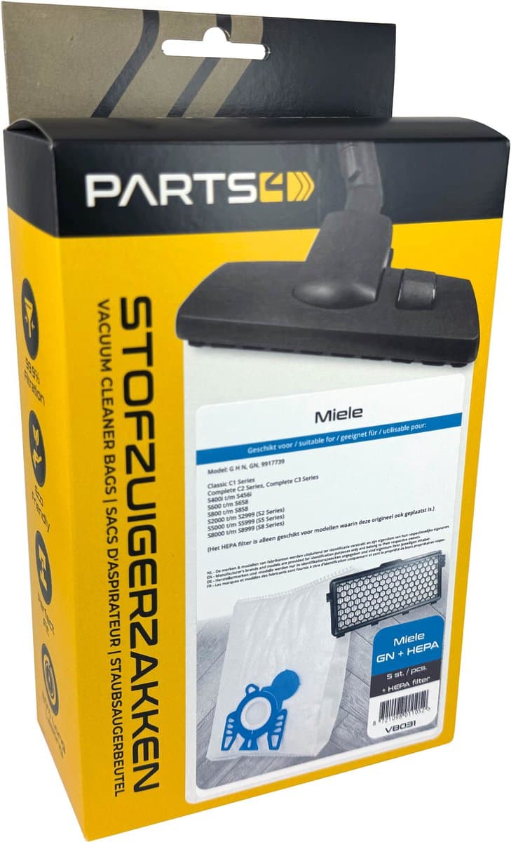 5 Stofzuigerzakken PARTS4® geschikt voor Miele GN + HEPA Filter | O.a. geschikt voor Miele G, N, H, Classic C1, Complete C2, Complete C3, S2 (S2000 > S2999), S5 (S5000 > S5999), S8 (S8000 > S8999), MI40, 9917730 — afbeelding 1