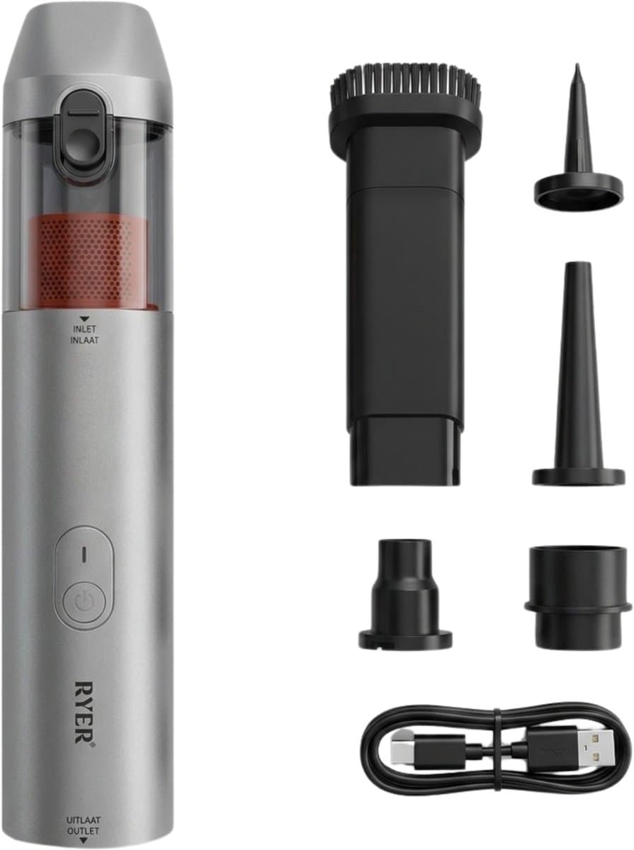 RYER Kruimeldief - Draadloze Handstofzuiger - 120W - 30 Min Accuduur - HEPA-filter - Voor Zuigen, Blazen, Oppompen & Vacuümopslag - Incl. 5 Opzetstukken — afbeelding 1