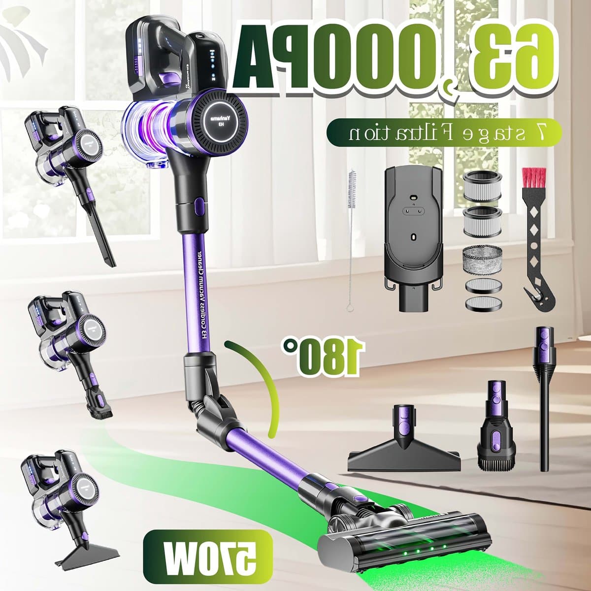 Yanhama H3 Wireless Vacuum Cleaner, Handheld Vacuum Cleaner, 7-level Filtration System, 180° Flexible Steering, Compatible with Multiple Accessories for Various Scenarios. Deep Cleaning Of Household, Pet Hair, Sofa And Floor — afbeelding 1