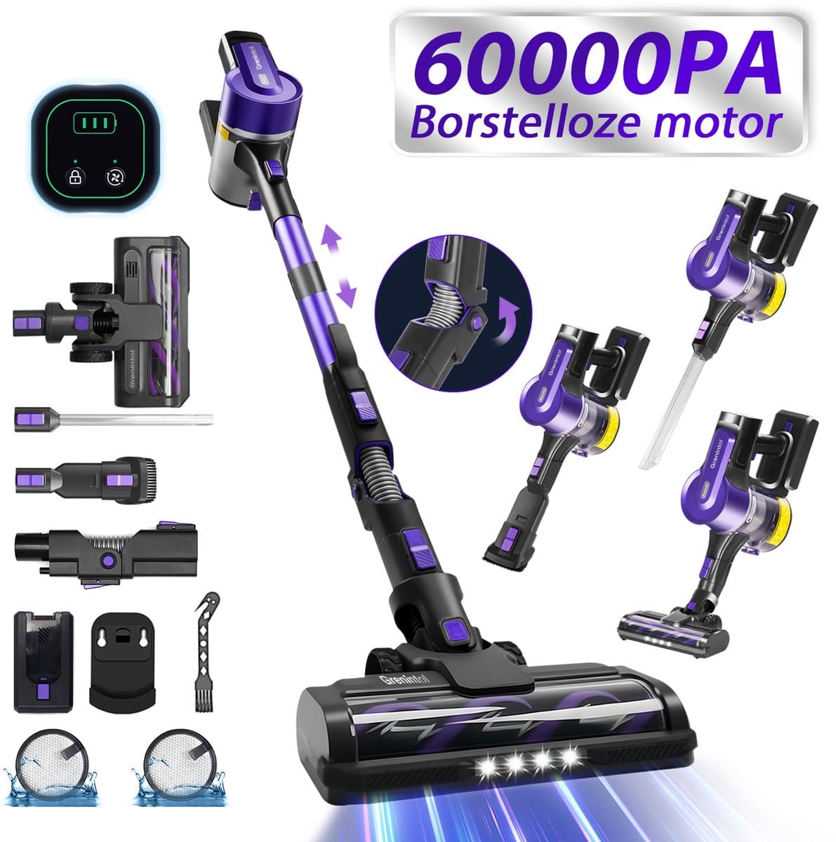 Grenintol Steelstofzuiger – Steelstofzuiger Draadloos – Draadloze Stofzuiger – 60000Pa /500W Touchscreen en Anti - Klit Borstel – Steelstofzuigers 2500 mAh Accu – 60 minuten – 1,2L Stofbak - Geschikt Voor Tapijt, Harde Vloeren en Dierenhaar – Paars — afbeelding 1