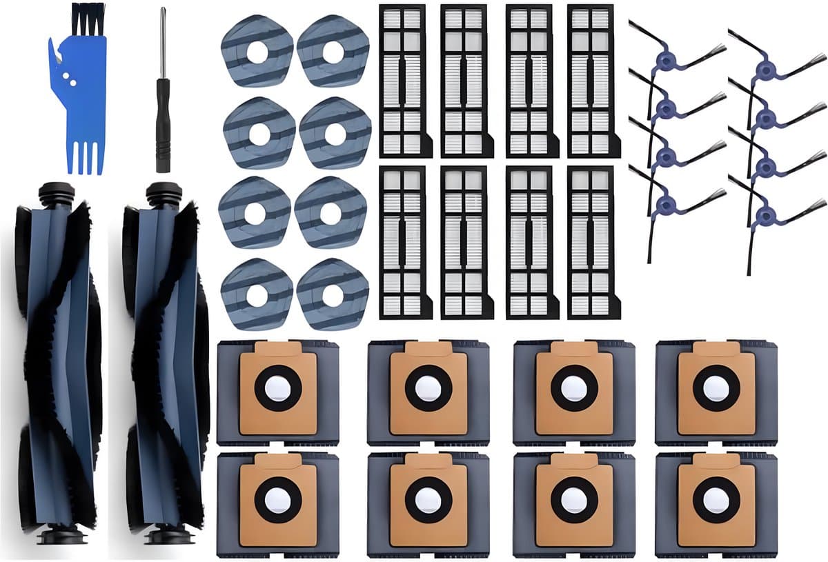 PolkaHome 34-delige accessoireset geschikt voor Eufy X10 Pro Omni stofzuigerrobot – 8 stofzuigerzakken, 8 wasbare stofzuigerdoekjes, 8 zijborstels, 8 HEPA-filters, 2 hoofdborstels – complete onderhoudskit met reserveonderdelen. — afbeelding 1
