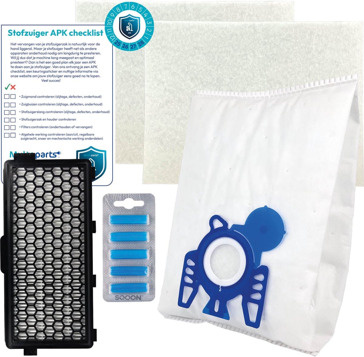 Multaparts® stofzuiger-APK set geschikt voor Miele Complete C2, Complete C3, S5, S8 serie | Complete onderhoudsset met stofzuigerzakken type GN (10 x), motorfilter (2 x), HEPA filter, geursticks (5 x), APK-checklist & APK-sticker — afbeelding 1