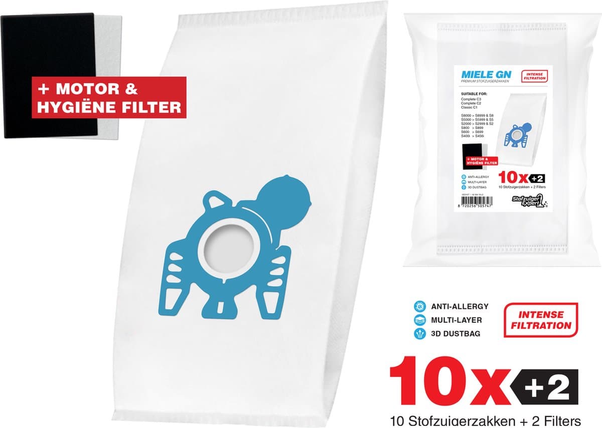 10x Miele Stofzuigerzakken GN - 3D stofzakken + Filter set - Hygiëne en Motor filter meegeleverd! Premium kwaliteit - Multi lagen - Anti Allergie -Geschikt voor o.a. Miele C3, C2, S8, S5, S2, S8000, S5000, S200, S800, S600, S400 — afbeelding 1
