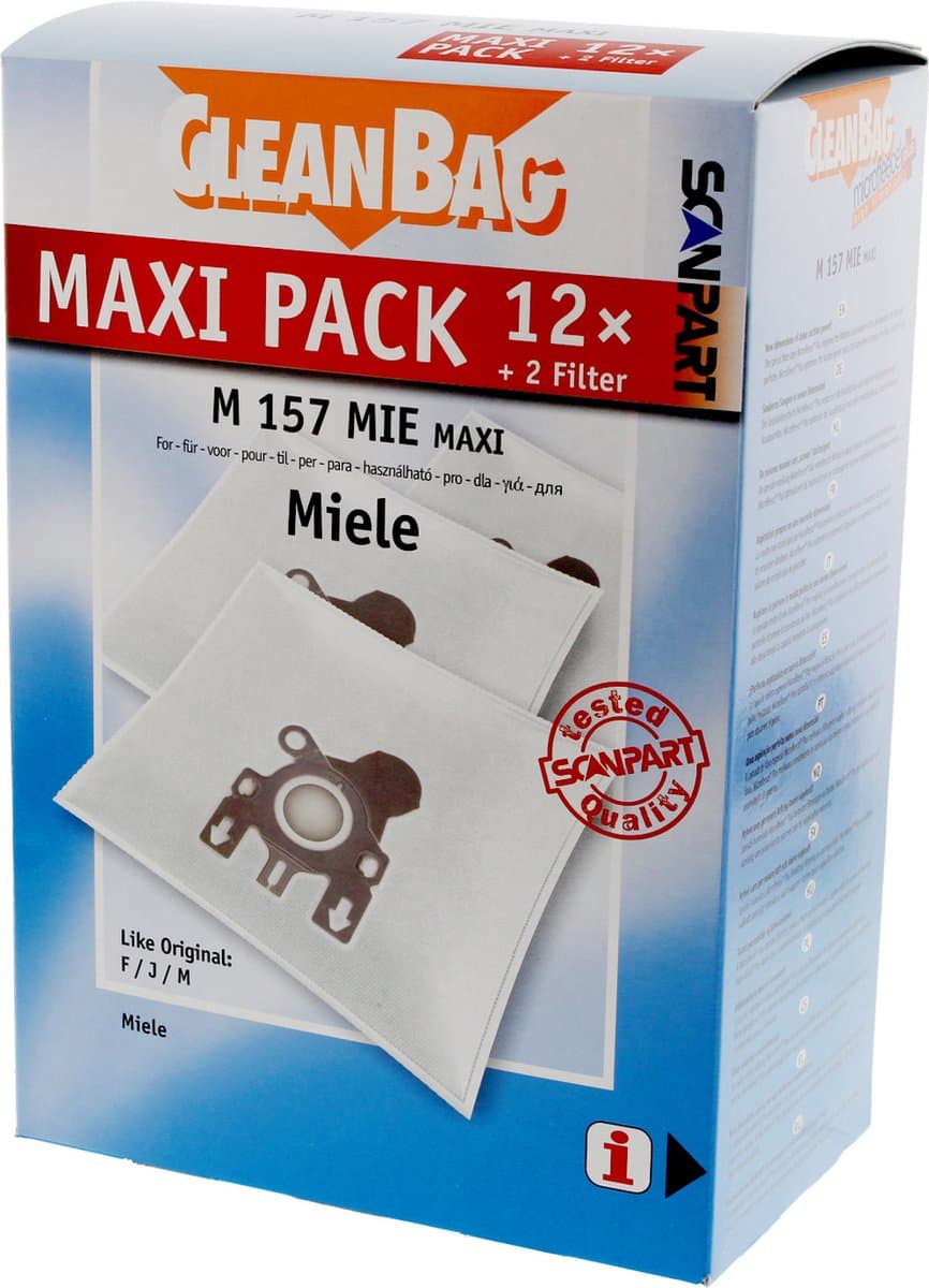 CleanBag stofzuigerzakken 12 stuks - Geschikt voor Miele S241-256i, S290-S299, S300i-S399, S500-S578, S700-S799, S4000-S4999, S6000-S6999, Compact C1, Compact C2 & Complete C1 - FJM - Inclusief 2 filters - Alternatief - Maxipack - Voordeelpak — afbeelding 1