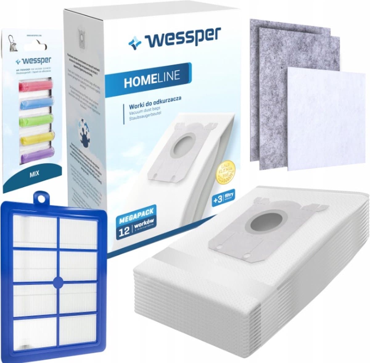 12 zakken, een set 3 filters + 1x HEPA filter en geurtjes voor de stofzuiger: AEG, Electrolux, Philips, Volta, Zanussi. Een vervanging die net zo goed is als het origineel. — afbeelding 1