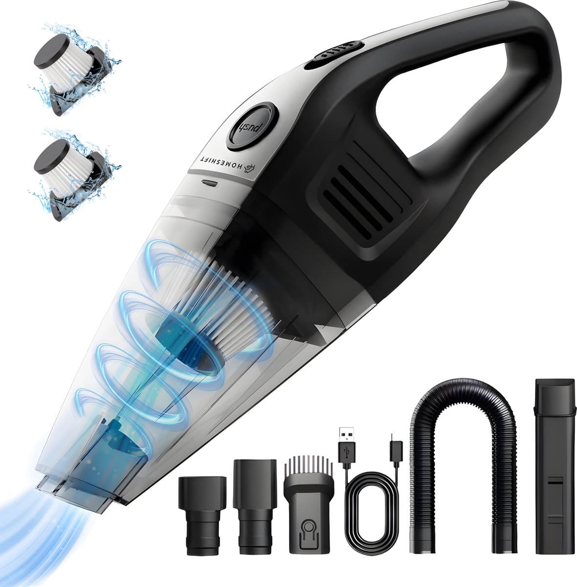 HomeShift Kruimeldief Draadloos - Handstofzuiger - Kruimelzuiger - Nat & Droog - Incl. 5 opzetstukken en 2 HEPA filters - Zwart/Zilver — afbeelding 1