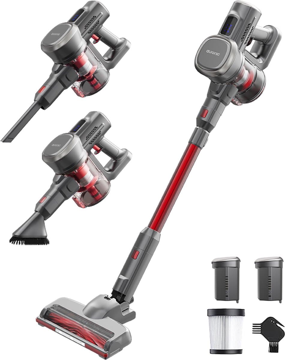 Auronic Steelstofzuiger Draadloos 220W - Draadloze Stofzuiger - HEPA Filter - Zelfstaand - Extra Accu - Op Accu - Zonder Zak - Kruimeldief - Vacuum Cleaner - Grijs/Rood — afbeelding 1