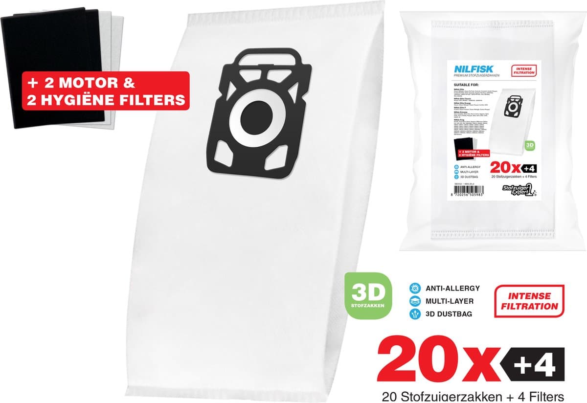 20x Nilfisk Stofzuigerzakken King / Extreme - 3D stofzakken + Filter set - 2x Hygiëne en 2x Motor filter meegeleverd! Premium kwaliteit - Multi lagen - Anti Allergie -Geschikt voor o.a. King, Extreme, Power en Elite Series — afbeelding 1