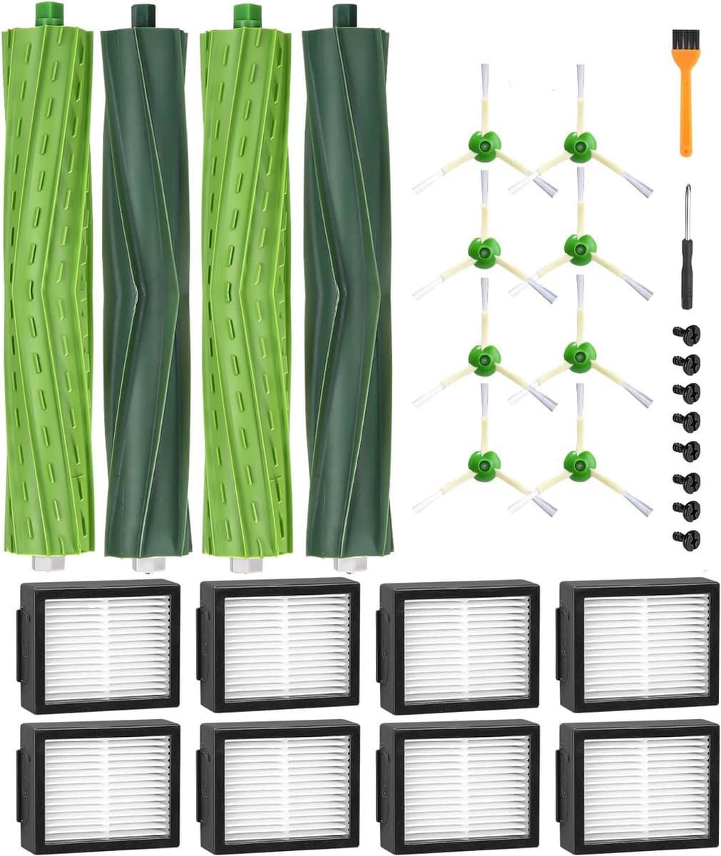 Reserveonderdelen geschikt voor iRobot Roomba E/I/J-serie, i7 i7+ i3 i3+ i4 i4+ j7 E5 E6, borstelaccessoires geschikt voor iRobot Roomba, 2 sets rubberen borstels,8 hoogwaardige filters, 8 zijborstels — afbeelding 1