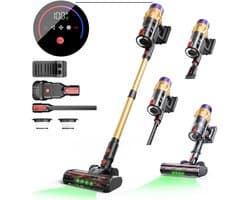 Steelstofzuiger Draadloos-Accu Stofzuiger-50 kPa Zuigkracht-60 Min Gebruiksduur-LED Display-HEPA Filter-Anti-Klit Borstel-Voor Tapijt Dierenharen Auto-1,5 L-Goud