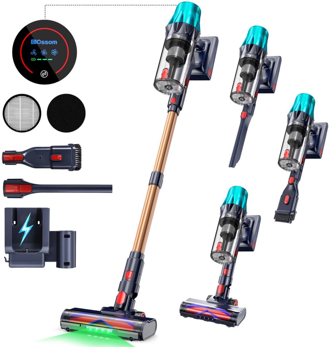 BLOSSOM Steelstofzuiger Draadloos - 650W - Kruimeldief - 55kPa Zuigkracht - Tot 65 Min Accuduur - Groene Laser - HEPA Filter - zonder zak - Blauw/Goud — afbeelding 1